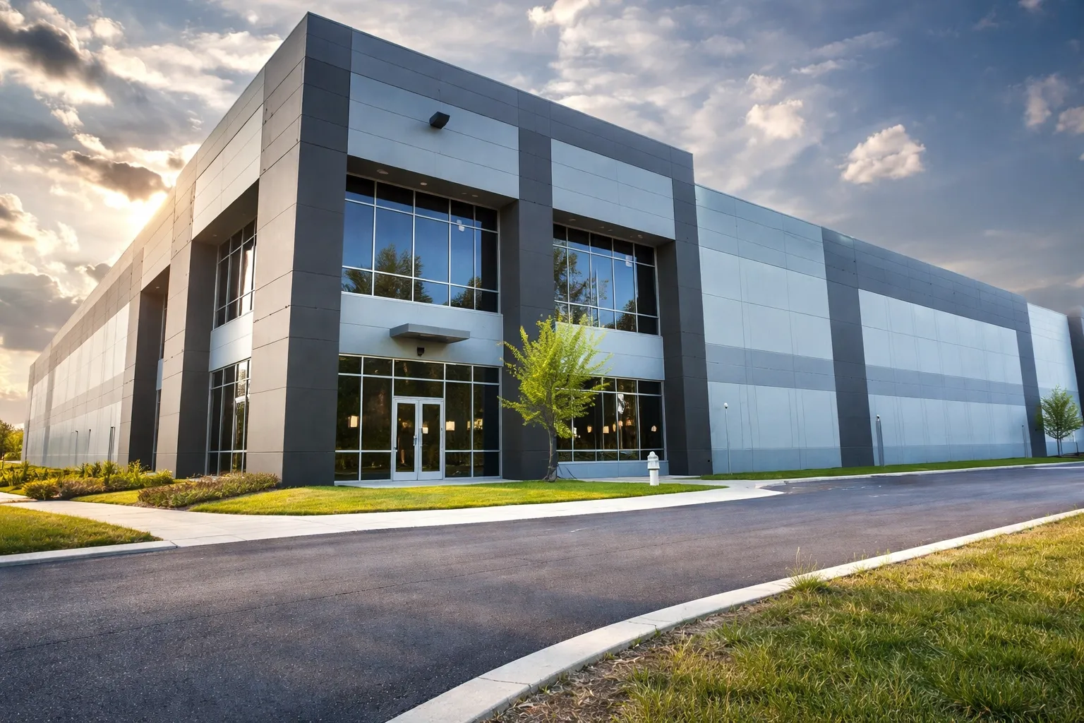 Commercial property at dusk — the type of facility First In assesses weekly.