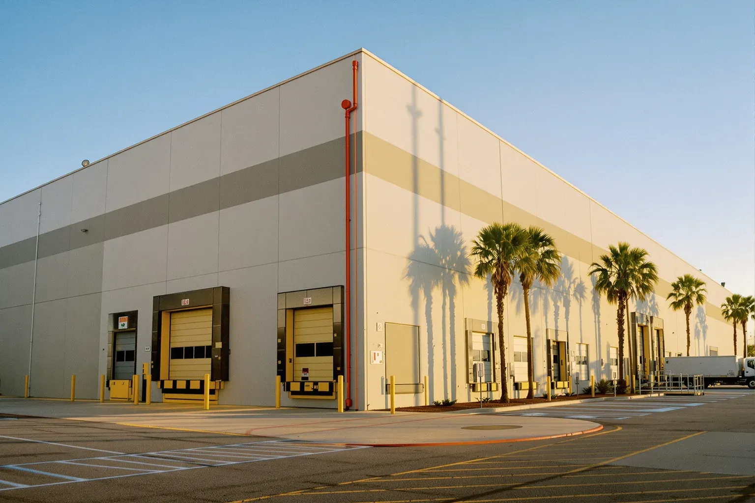 Tilt-up industrial warehouse with loading docks and a fire sprinkler riser on the exterior wall, the kind of building First In reads before a client commits.